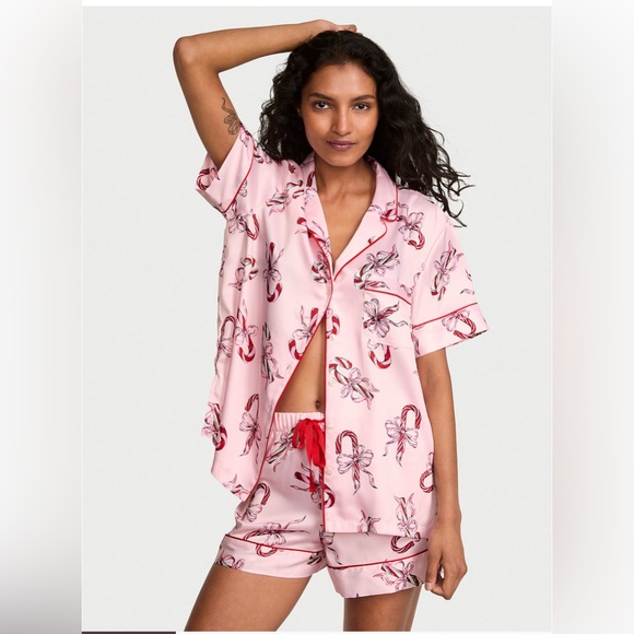 Victoria's Secret Other - Victoria’s Secret Pink Glazed Satin Candy Cane Bow Pajama Set NWT, Holiday Gift